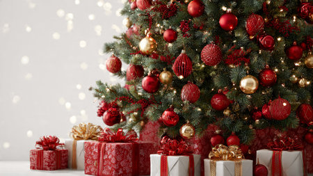 Festive holiday Christmas tree styled with red and gold ornaments and warm glowing lights.の写真素材