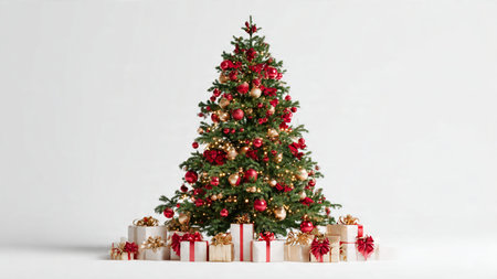 Studio-quality Christmas tree image with red and gold decorations and gifts.