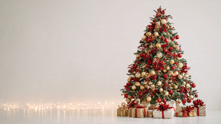 Premium Christmas tree image with shimmering red and gold decor, fairy lights, and presents at the base.の写真素材