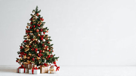Traditional Christmas tree scene featuring red and gold ornaments, warm lights, and gift boxes beneath, isolated on white.の写真素材