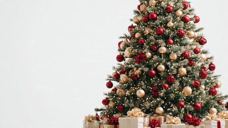 Bright Christmas tree image with classic red and gold decorations and cozy lights.の写真素材