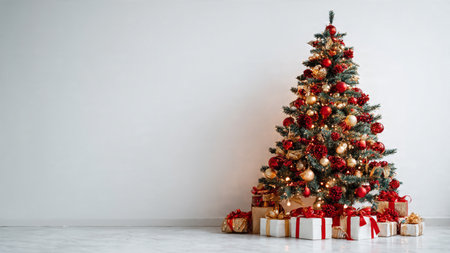 Premium stock photo of a Christmas tree with red and gold decor and fairy lights.の写真素材