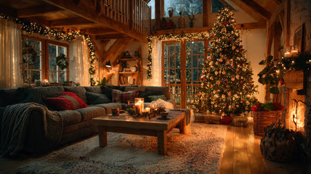 High-resolution stock photo of a cozy living room decorated for Christmas.の写真素材