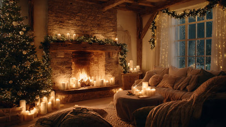 Cozy festive interior with a decorated Christmas tree and fireplace.の写真素材