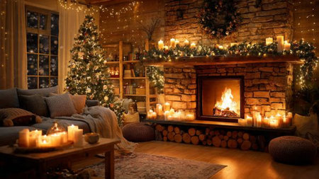 High-resolution image of a festive Christmas living room with classic holiday decorations and warm lighting.の写真素材