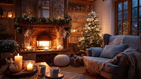 Elegant holiday interior scene with fireplace and Christmas decor.の写真素材