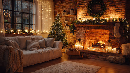 Traditional festive living room with soft warm lighting.の写真素材