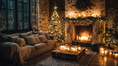 Premium stock photo of a warm Christmas living room interior.の写真素材
