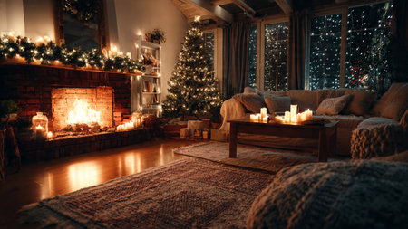 Traditional Christmas living room interior featuring a warm fireplace, decorated tree, garlands, candles, and soft lighting.の写真素材