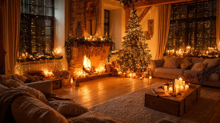 Cozy festive interior with a glowing fireplace and Christmas decorations.の写真素材