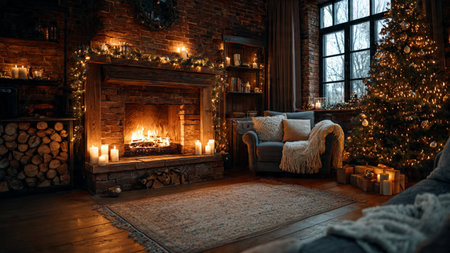 Premium stock photo of a warm and cozy Christmas living room.の写真素材