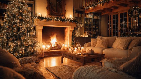 Premium stock photo of a cozy Christmas living room with traditional decor, warm lighting, and no...