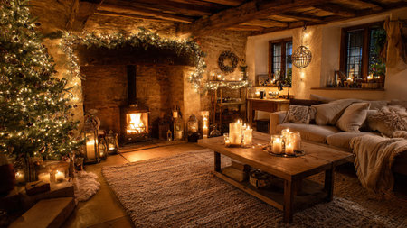 Traditional festive living room with a fireplace and Christmas tree.