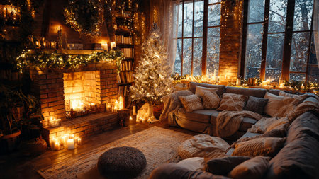 High-quality stock image of a cozy living room decorated for Christmas, no people present.の写真素材