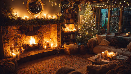 Traditional Christmas living room scene with fireplace and festive decorations.の写真素材