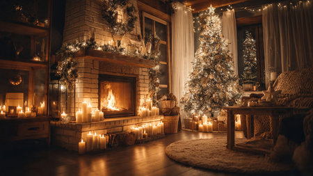 Warm and inviting Christmas living room with classic decor.の写真素材