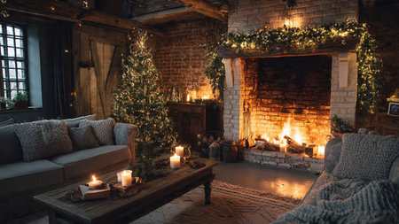 High-end stock photo of a Christmas living room with fireplace and warm holiday decor.の写真素材