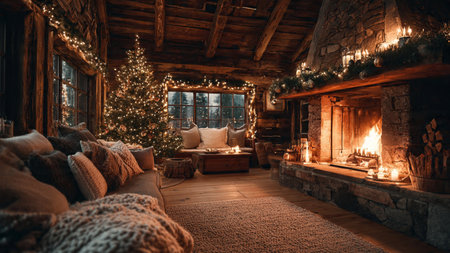 Elegant Christmas living room featuring traditional festive decorations.の写真素材