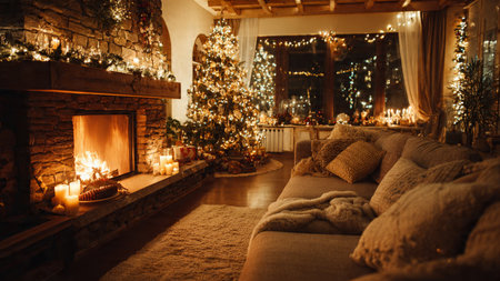 Cozy holiday interior featuring a fireplace and classic Christmas decor.の写真素材