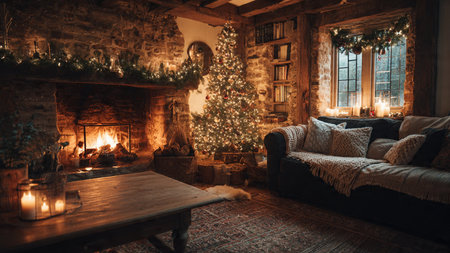 High-resolution image of a decorated Christmas living room with candles and garlands.の写真素材
