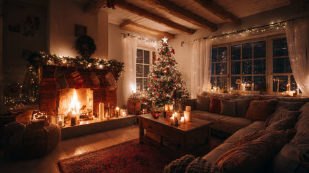 Elegant Christmas living room decorated with warm lighting and festive accents.の写真素材