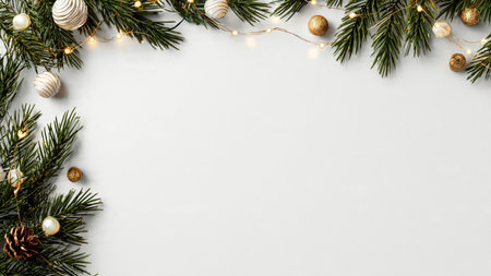 Elegant minimalist background featuring pine branches and warm fairy lights.