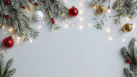 Simple Christmas background design with pine greenery and soft fairy lights.