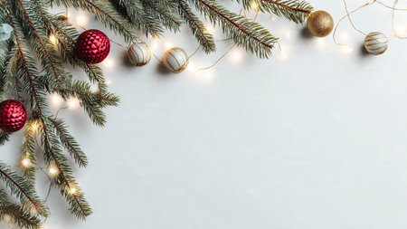 Modern Christmas backdrop with pine branches and clean design.の写真素材