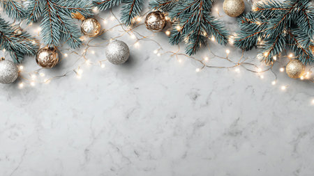Simple modern holiday background with pine branches and copy space.の写真素材