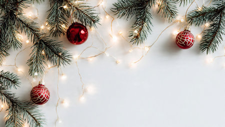 Modern holiday background with pine branches and white space.