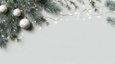 Minimalist Christmas design with modern ornaments and greenery.の写真素材