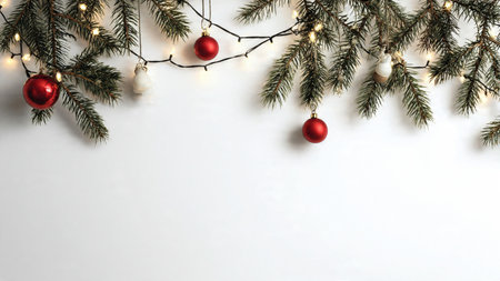 Simple and modern holiday background with pine greenery.の写真素材