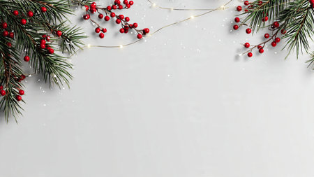 Minimalist festive background with pine greenery and warm fairy lights.の写真素材