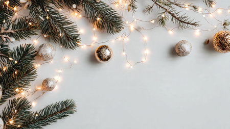 Simple clean holiday background with pine branches and fairy lights.