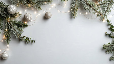 Elegant minimalist Christmas background with pine decor and lighting.の写真素材