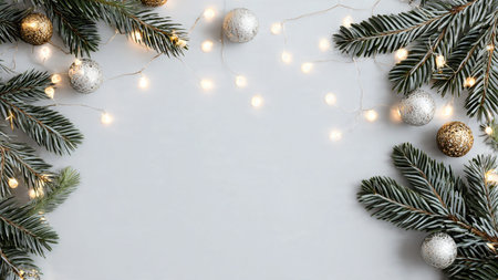Minimalist holiday backdrop with pine branches, fairy lights, and copy space.