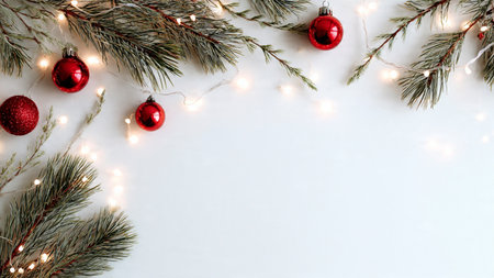 Elegant modern Christmas background with pine branches and fairy lights.