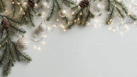 Elegant minimalist festive background with pine greenery and fairy lights.の写真素材