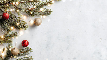 High-resolution minimalist Christmas background with natural pine elements.の写真素材