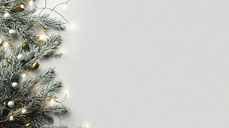 Modern festive background featuring pine branches, ornaments, and warm fairy lights.
