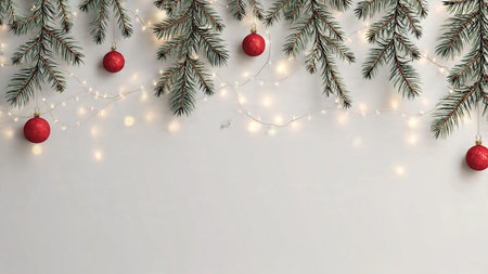 Clean white minimalist holiday background with fairy lights.の写真素材