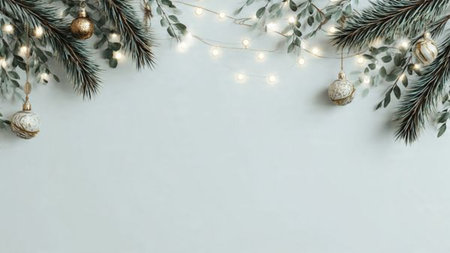 Elegant holiday background with pine branches and minimalist styling.
