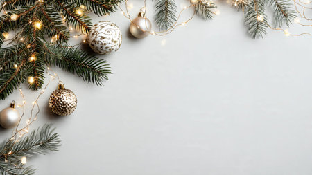 Simple festive background featuring pine branches and subtle ornaments.