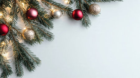 Modern Christmas background design featuring pine greenery and copy space.