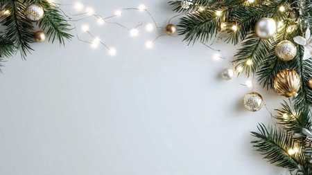 Elegant holiday background with pine greenery, fairy lights, and copy space.の写真素材