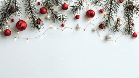 High-resolution festive background with pine greenery and lighting.