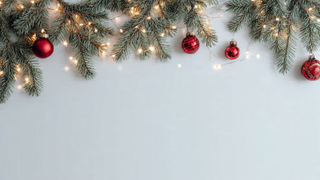 Minimalist Christmas design featuring pine branches and ornaments.