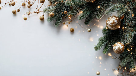 Clean white minimalist background with pine branches and ornaments.の写真素材