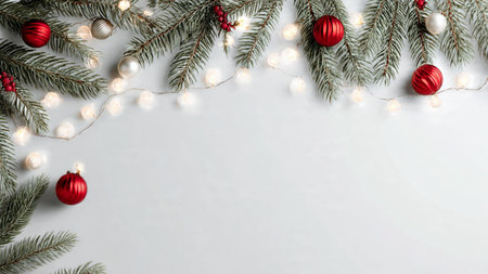 Minimalist Christmas background featuring pine branches, elegant ornaments, soft fairy lights, and clean white space for text in a modern high-resolution design.の写真素材