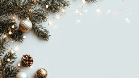 Minimalist festive background featuring pine branches, ornaments, and empty space for holiday text.